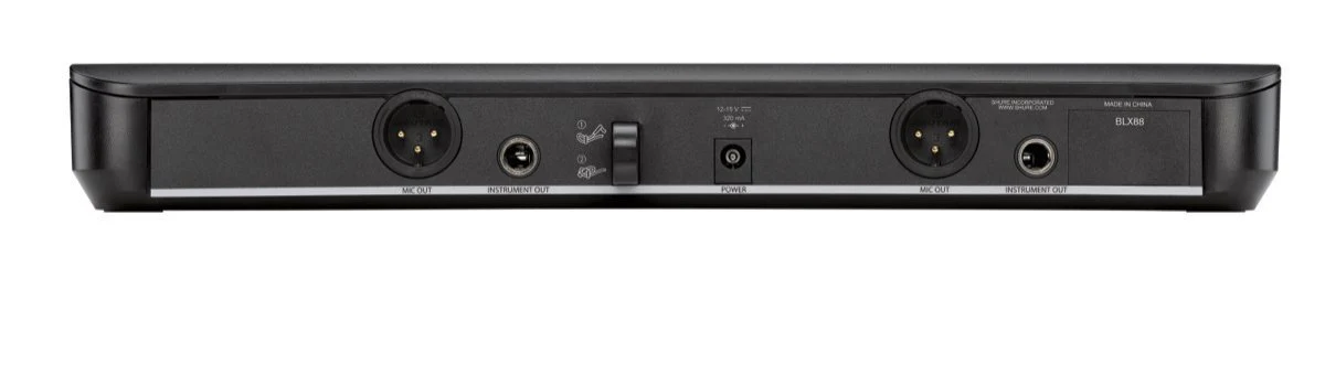 Mặt sau bộ thu Shure BLX88 và các cổng kết nối XLR 6.3mm